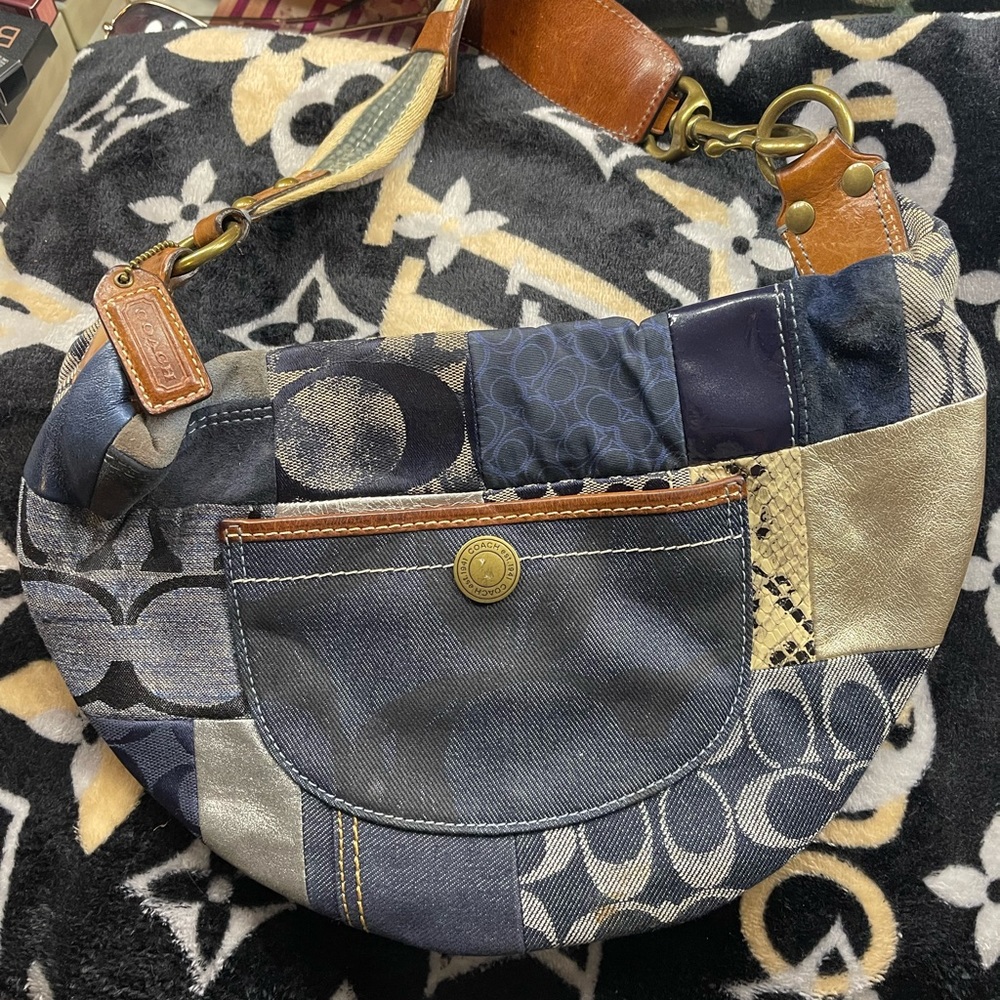 Coach Jean/ brown/ sliver 12X8 shoulder bag. Matching wedges on Posh